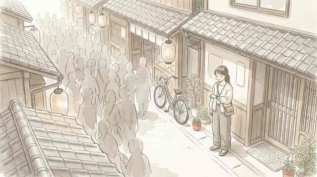 浅草 酉の市 混雑を避けて歩く時間帯を考える女性のイラスト