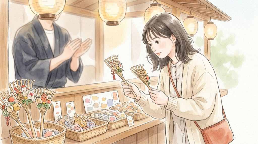 酉の市 熊手の値段と選び方を比べて見る女性のイラスト