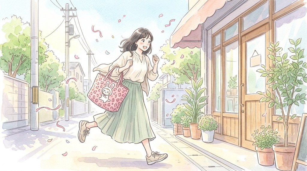 アベイル キティ 10月24日の発売時間とトートバッグのもらい方を確認する女性のイラスト