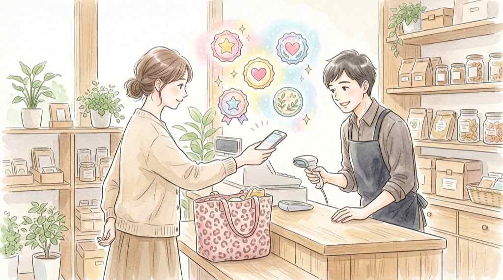 ハローキティ トートバッグ もらい方を確認するOmoide Badgeの画面のイラスト