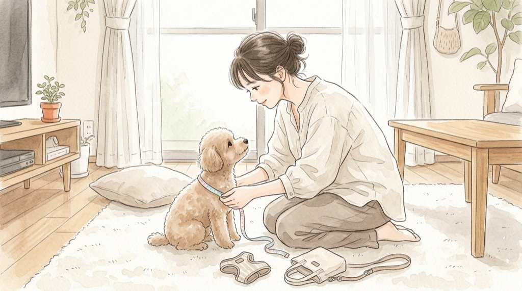 アベイル ペット服のサイズ選びのため、首回り・胴回り・着丈を測る様子