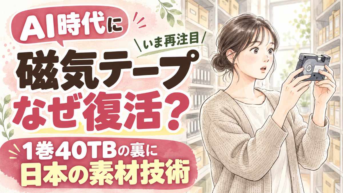磁気テープ AI 復活の理由を伝える、データセンターに並ぶテープカートリッジのイラスト