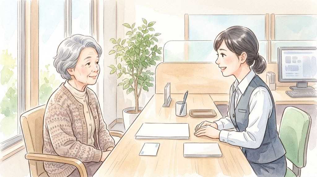 マイナカードなしでも銀行で口座開設の相談をするシニア女性