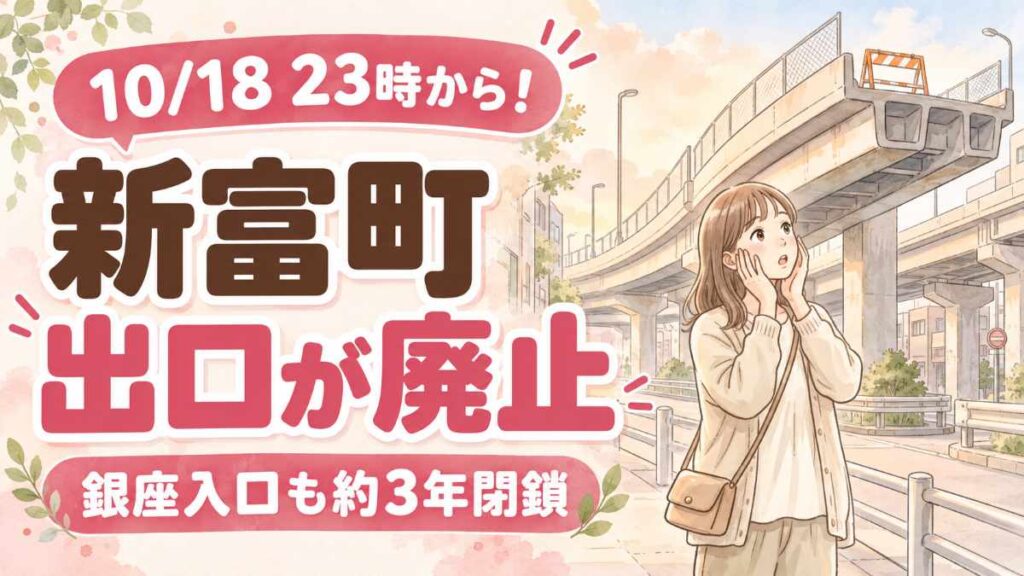 新富町出口 廃止と銀座入口 通行止めの日時を示す首都高のイメージ