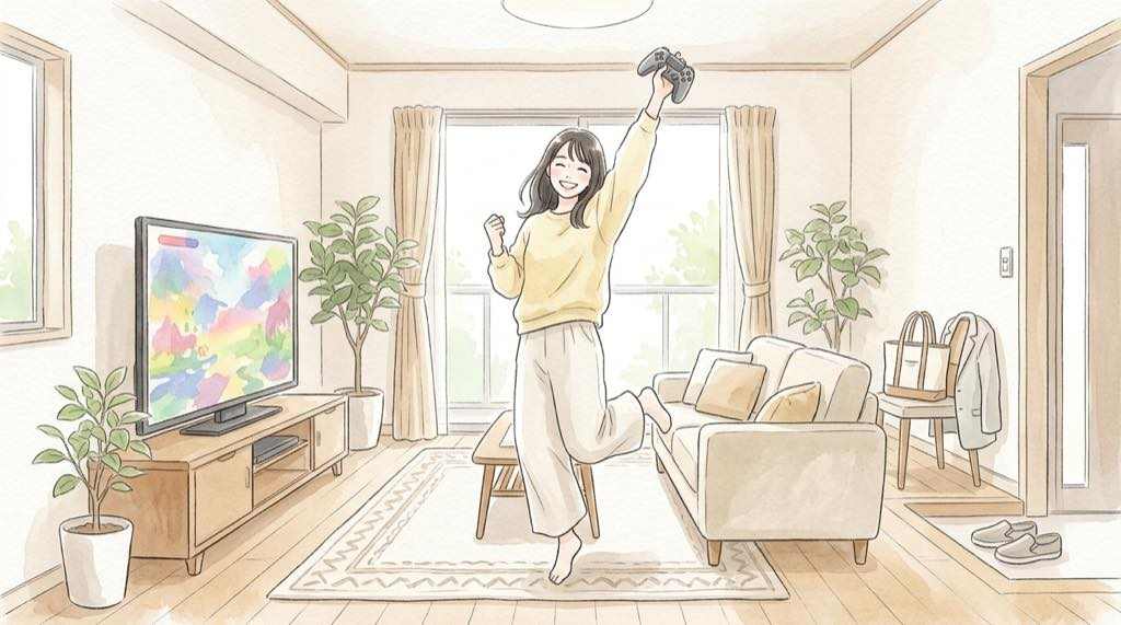 モンハンやスト6が遊べるか確認しながらゲーム機を手に笑う女性