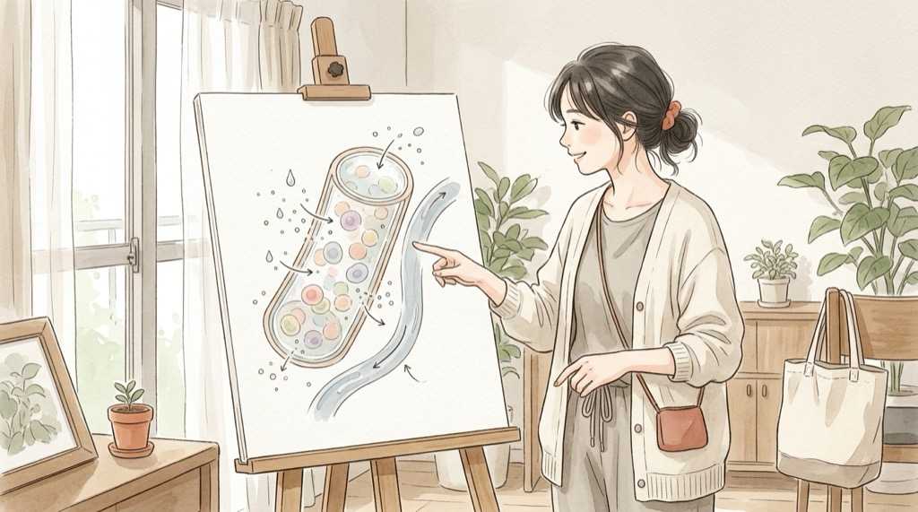 細胞ファイバ技術の仕組み、アルギン酸ゲルが細胞を包む断面イメージ図