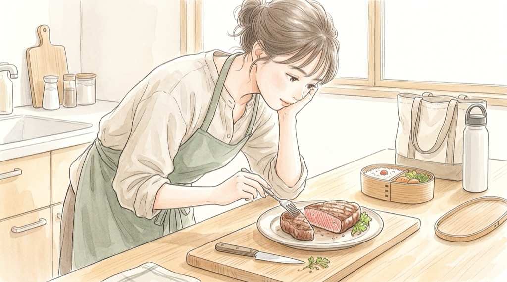 培養肉の研究、筋繊維が並ぶ厚みのある培養ステーキのイメージ図