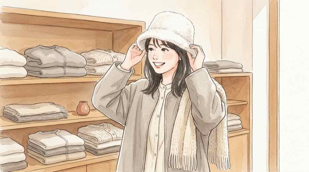 ちいかわパーク 11月24日発売の新グッズ3点を紹介する、冬のアイテムのイラスト