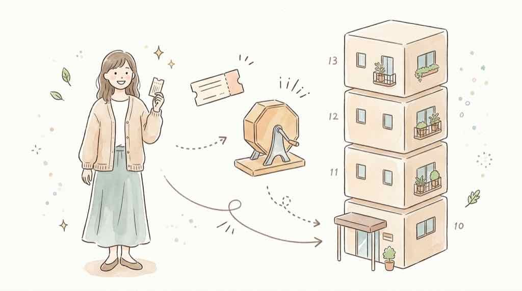 ちいかわパークストア大阪の整理券と事前抽選の仕組みを示す、入場の流れの図解イメージ