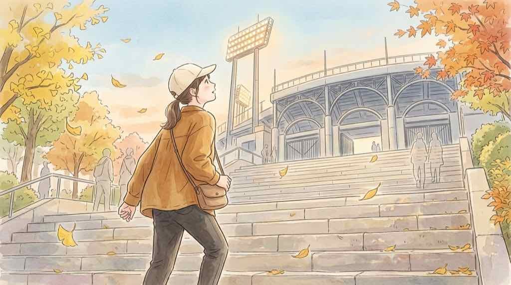 CS第2戦の試合前に大きな野球場へ向かう女性ファンの水彩イラスト