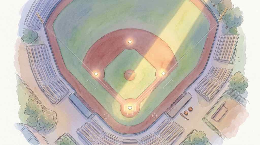 CS突破条件の短期決戦、勝てば進出のイメージを表す夕方の野球場