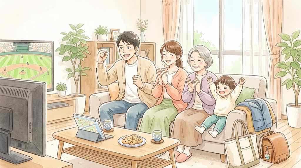 CSのテレビ放送・ネット配信を家族でそろって楽しむリビングの水彩イラスト