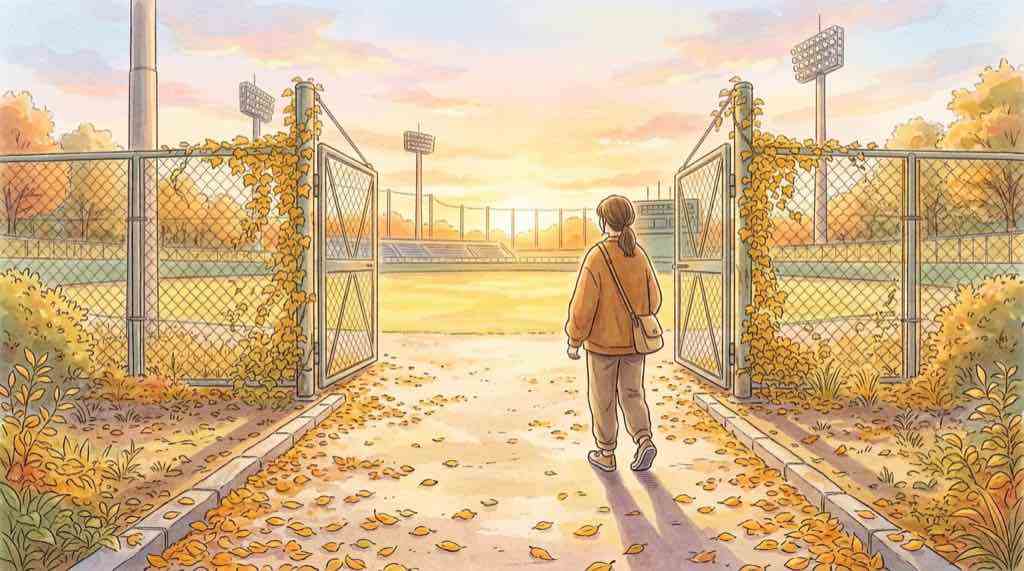 CSファイナルステージへ続く道と夕暮れの野球場を描いた水彩イラスト