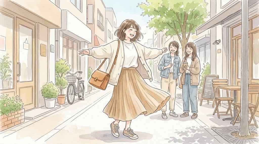 コーチ Z世代 人気の理由を表す、笑顔で歩く女性と革のショルダーバッグ
