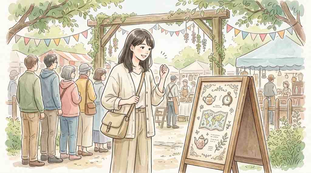 代官山蚤の市2026の整理券なしでも入れる仕組みを見る女性