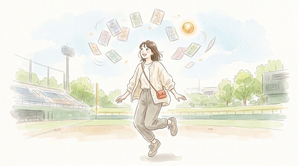 ドラフト2026注目選手の1位候補が並ぶ、野球場とボールのやさしい水彩イラスト