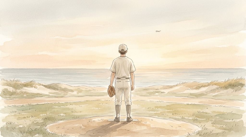 横浜高校の織田翔希投手がマウンドに立ち、海の向こうを見つめるイラスト
