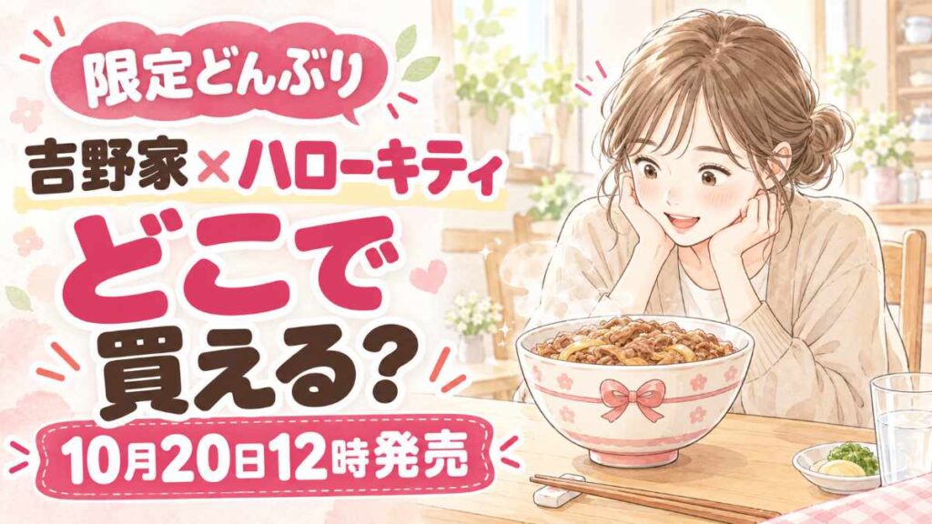 吉野家 ハローキティ どんぶりの限定発売を紹介する水彩イラスト