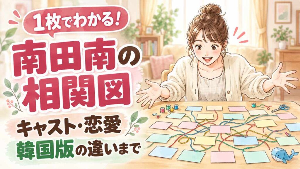南田南 相関図の独自イラスト。法律事務所・家族・友人・初恋相手の関係を線でつなぐ