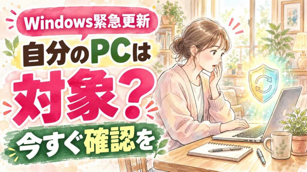 Windows緊急更新で自分のPCは対象か、更新を呼びかける、パソコンと更新通知のイラスト