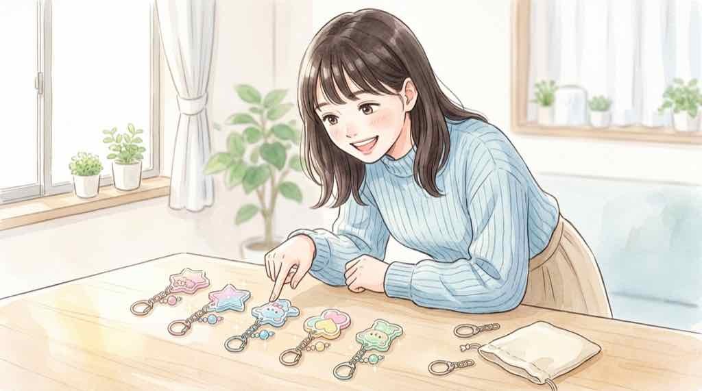 サンリオ サンキャッチャー風キーホルダー全5種をキラキラのビーズごと並べた様子