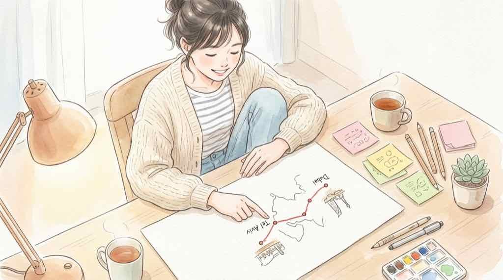 フライドバイ FZ1073便の急降下を時系列で整理する水彩イラスト