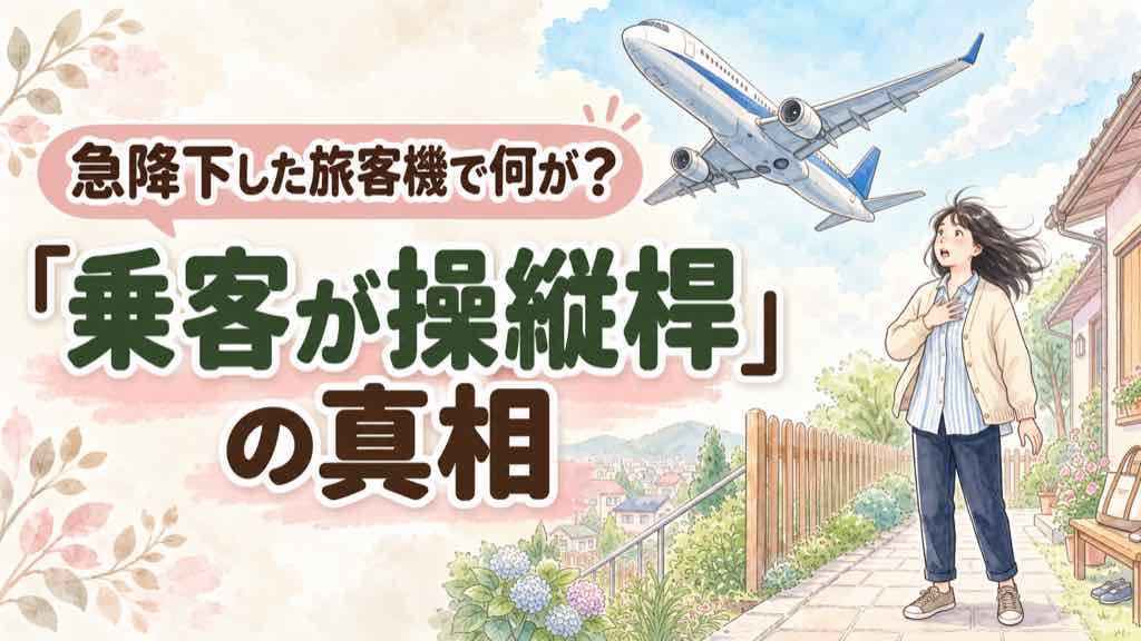 フライドバイ 急降下事案で乗客が操縦桿を引いた場面の水彩イラスト
