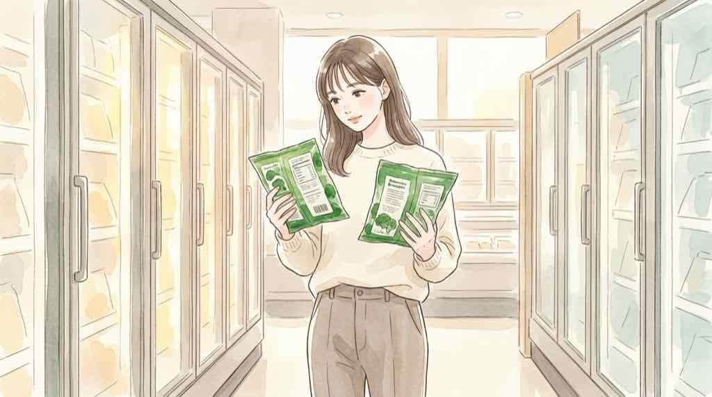 業務スーパーの冷凍ブロッコリーの原産国表示を確認する様子