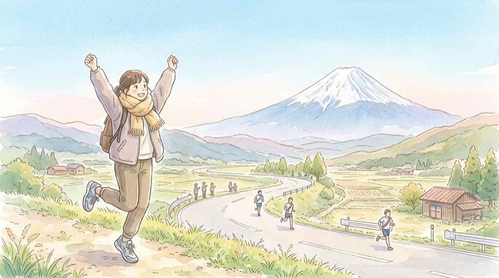 富士山女子駅伝2026の日程・テレビ・出場資格をまとめた、富士山とランナーの水彩イラスト