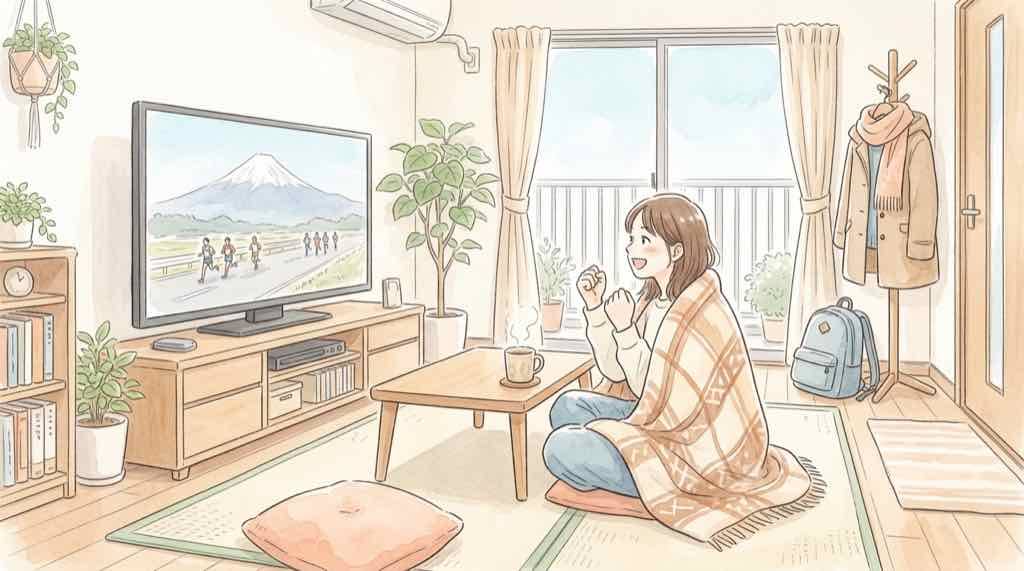 富士山女子駅伝2026のテレビ放送を自宅で楽しむ女性の水彩イラスト