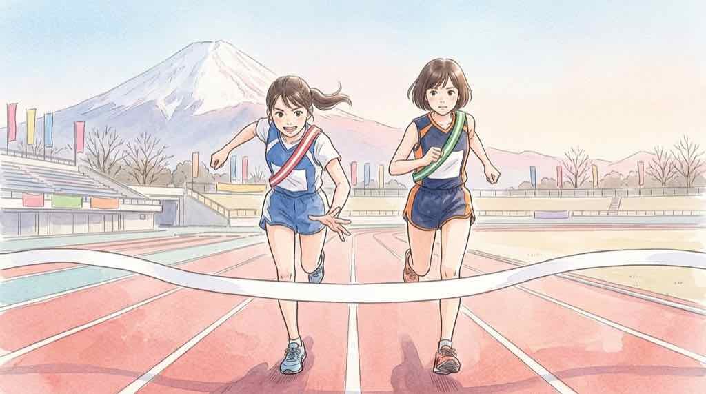 富士山女子駅伝の優勝争いと最終区の逆転劇を思わせる、駆け抜ける選手の水彩イラスト