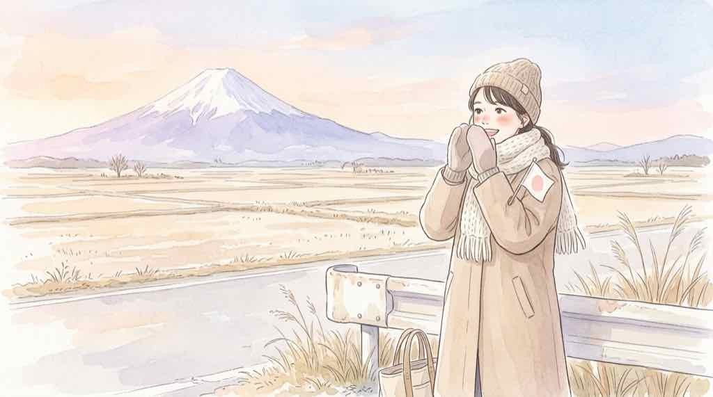 富士山を背景にコースを走る女子ランナーと沿道の応援を描いた水彩イラスト