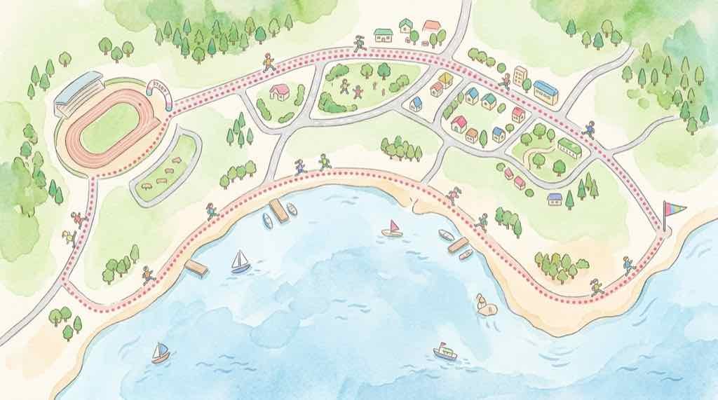 福岡国際マラソン2026の開催日とコースを平和台から香椎までたどる地図風イラスト