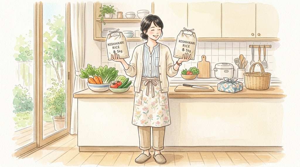 ふるさと納税 10月以降の返礼品を比べて選ぶ女性のイラスト
