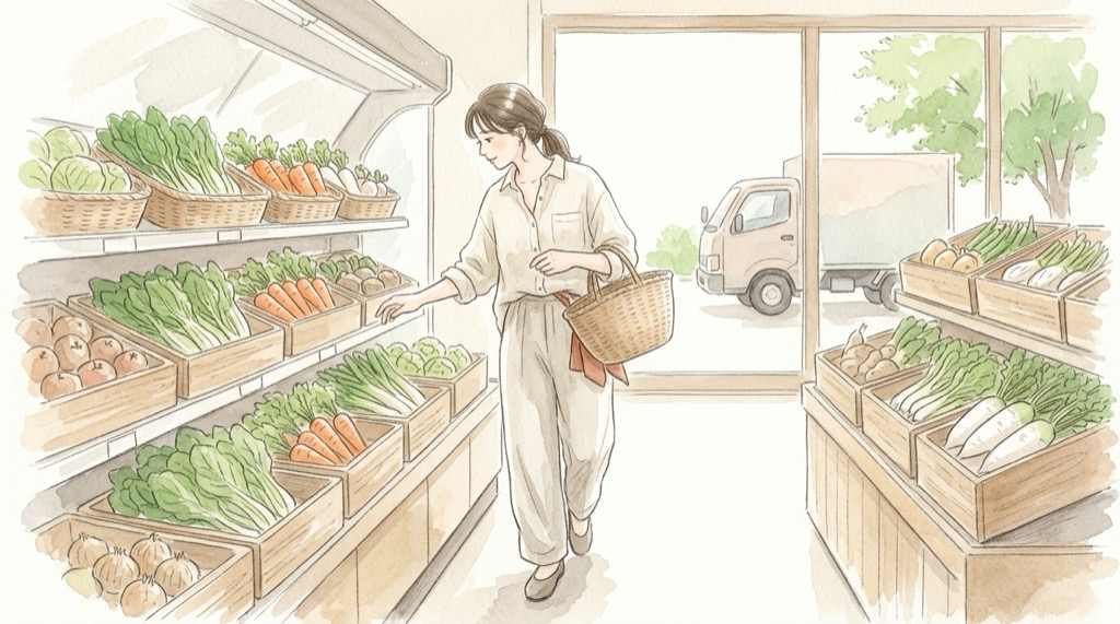 車を持たない人もスーパーで食品の値札を見比べる女性