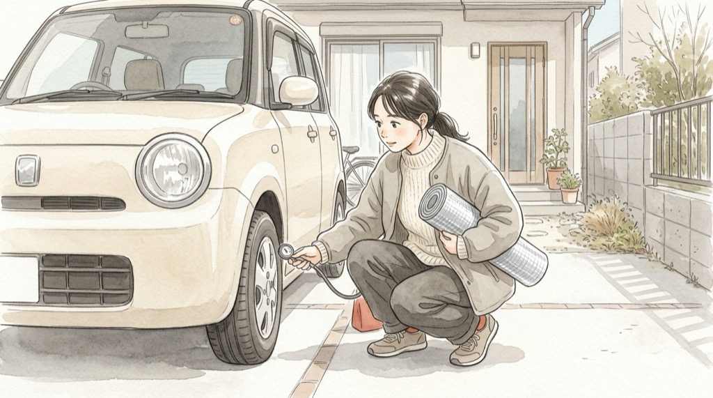 冬の節約術でタイヤの空気圧を確認し窓に断熱シートを貼る女性