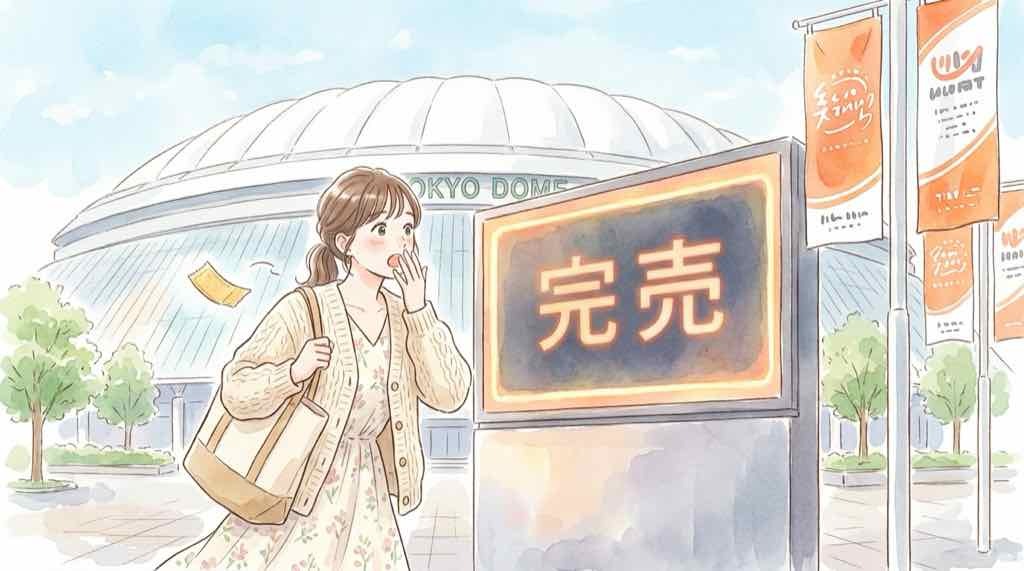 巨人CSチケットはまだ買える？完売後の入手法を調べる女性と東京ドーム、水彩イラスト