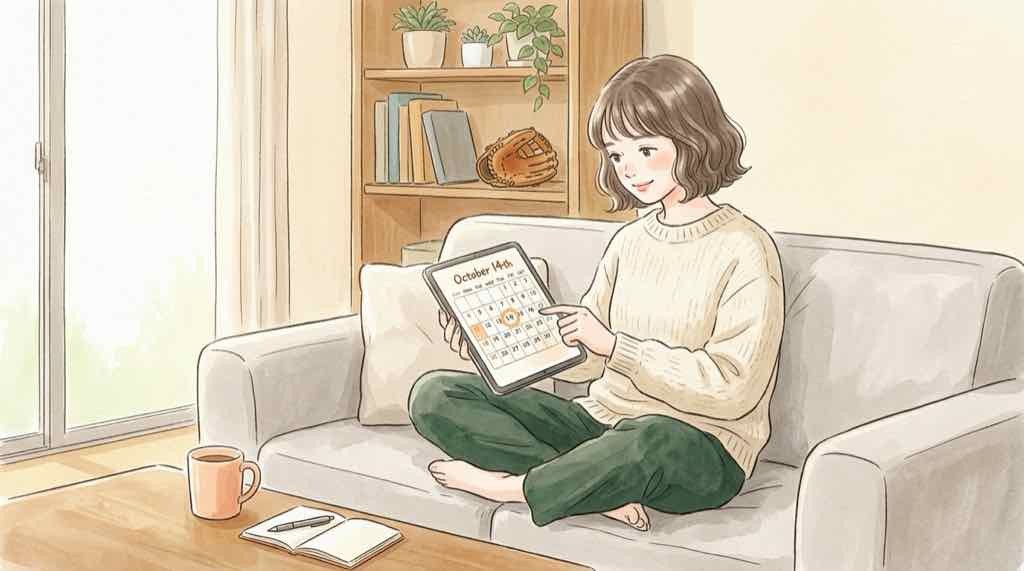 巨人CSチケットの販売状況を調べる女性と東京ドーム、水彩イラスト