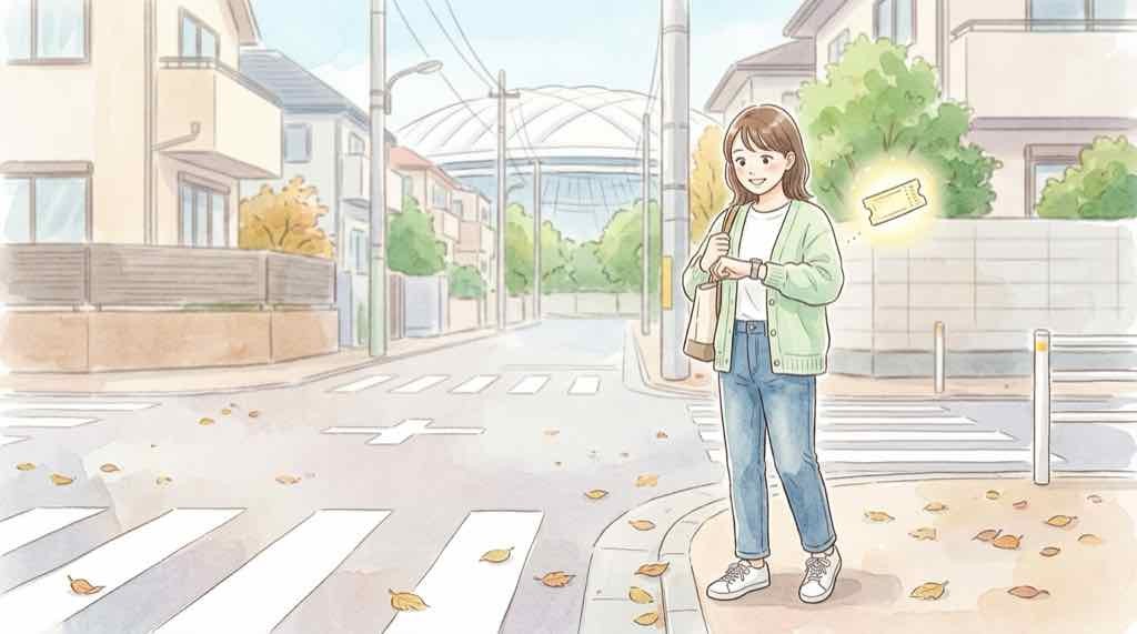 巨人CSの戻りチケットを探す女性と東京ドームを背景にした水彩イラスト