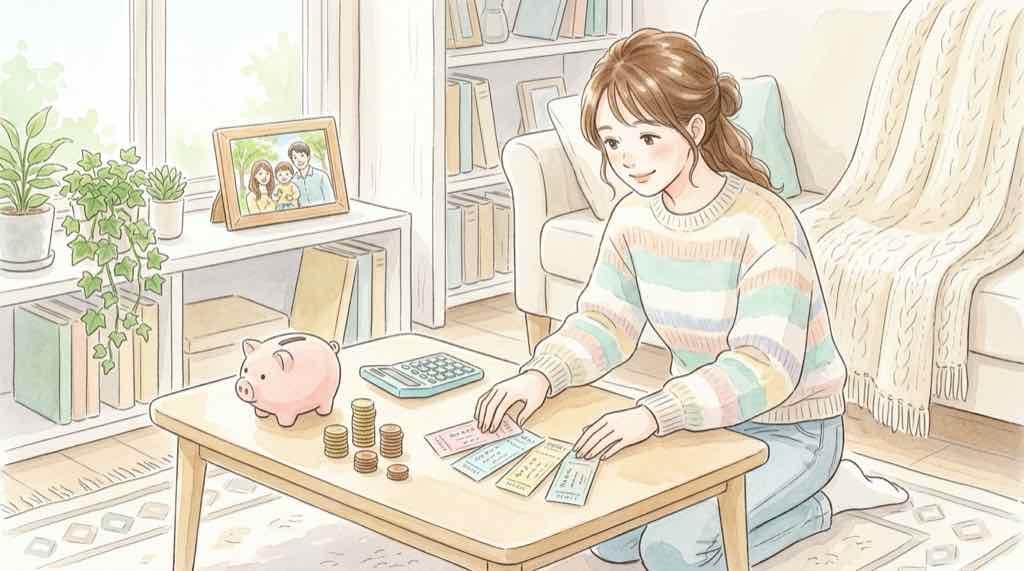 東京ドームの座席と値段を比べて計算する女性、巨人CS観戦の水彩イラスト