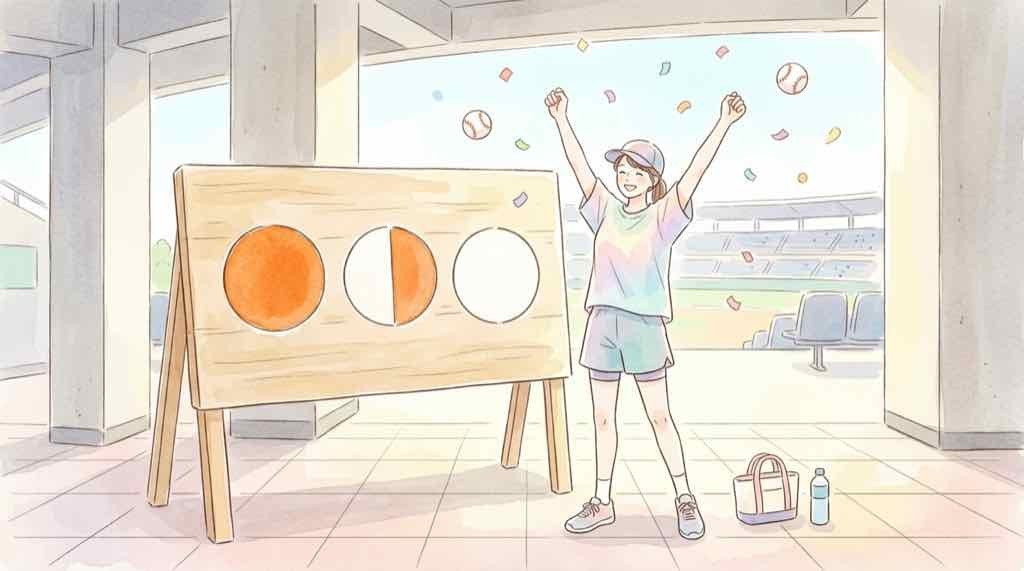 巨人CSの勝ち上がり条件を図で考える女性、星とボールの水彩イラスト
