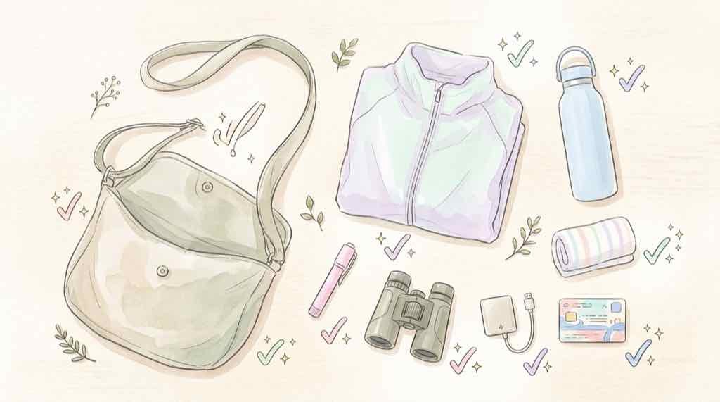 GIFT参戦の持ち物チェック、モバイルバッテリーや双眼鏡などのイラスト