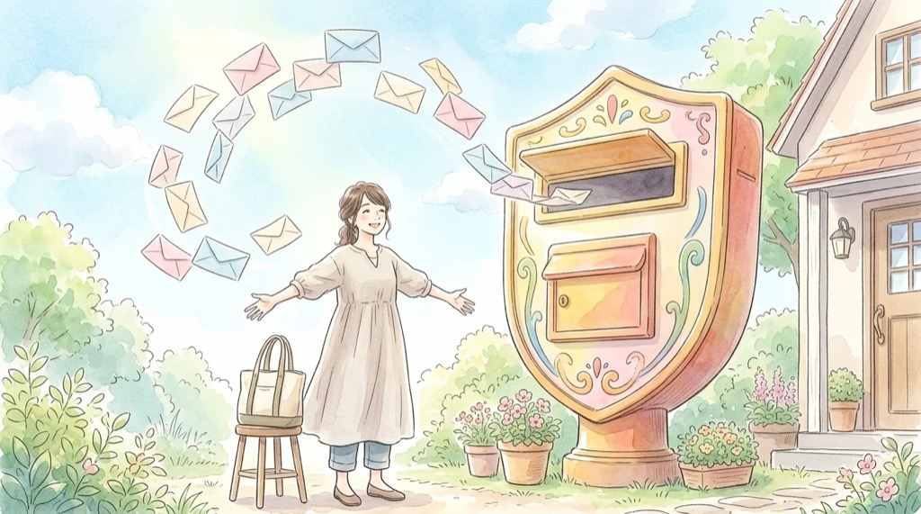 Gmail フィッシングに強い理由を説明する、受信トレイを守る盾のイラスト