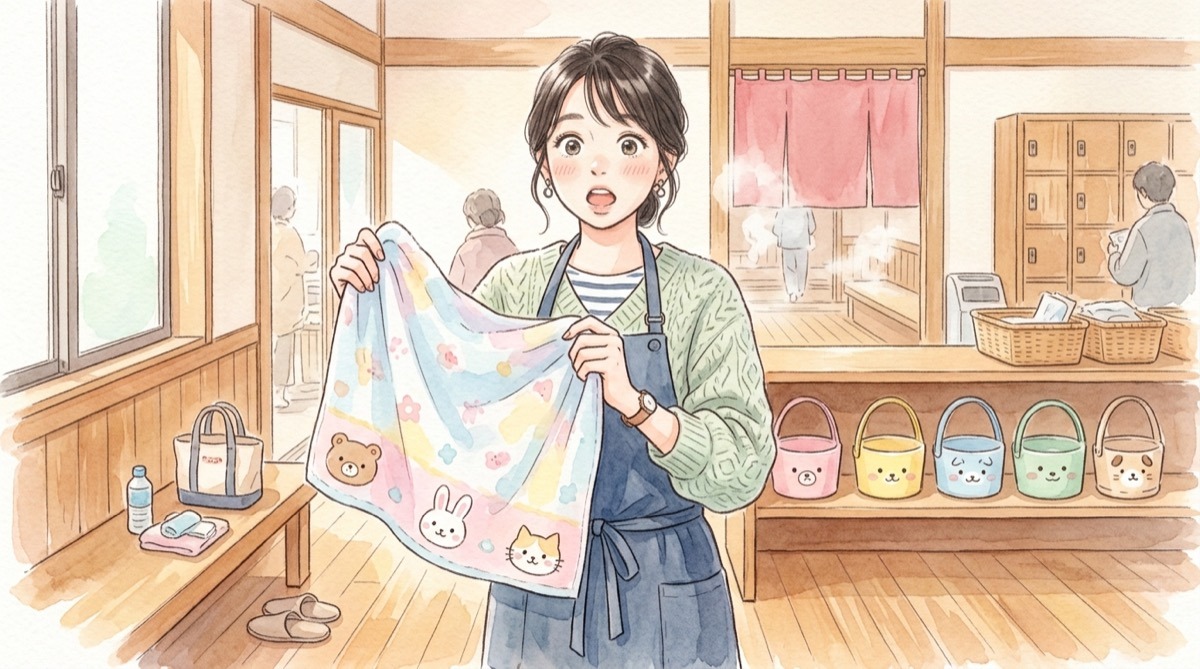 極楽湯サンリオ第2弾のコラボ風呂とグッズを楽しむ女性のイラスト