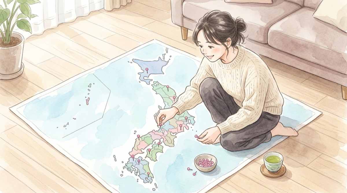 極楽湯サンリオ対象15店舗を地図で確認しながら行き先を選ぶ様子