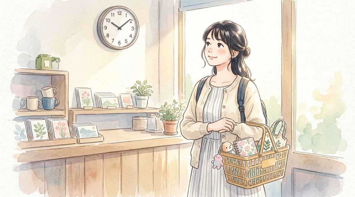 極楽湯サンリオグッズの購入時間と朝のレジ前の会計を確認する様子