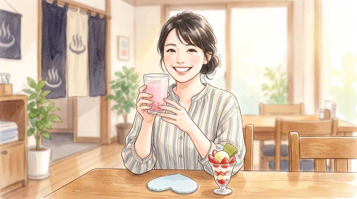 極楽湯サンリオのコラボメニューとハート型コースターを楽しむ食事処