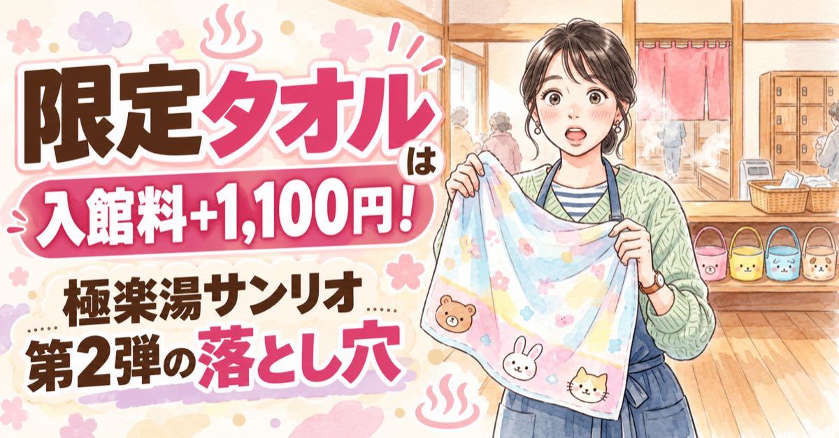 極楽湯サンリオ第2弾のコラボ風呂とグッズを楽しむ女性のイラスト