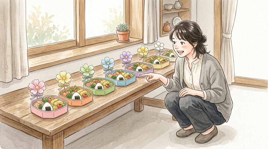 BLOOM SETの値段と7人のセット名を見比べる女性のイラスト