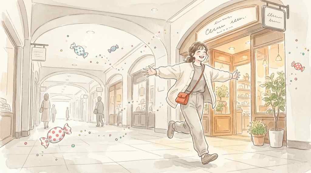 はなまるおばけ東京駅2026のPOP-UP STOREにはなまるを持って向かう女性の水彩イラスト